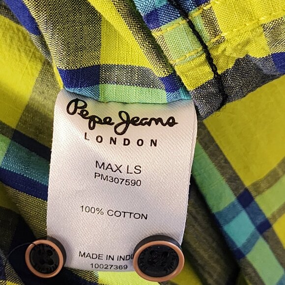 Pepe Jeans Highlighter Green Plaid 100% Cotton Button Front Shirt - Picture 4 of 4
